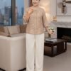 Áo kiểu trung niên cổ tròn đính hạt châu chất liệu lụa cavan in họa tiết 1432/5.359/5.360