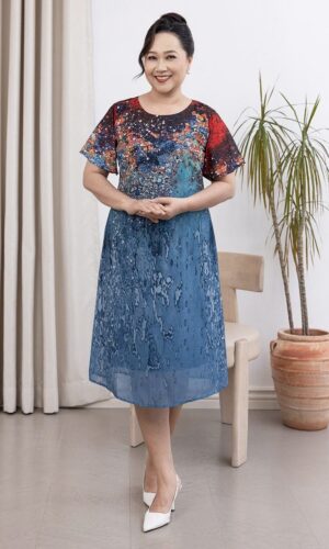 Hạnh Đầm suông cổ tròn in họa tiết sắc màu đại dương , tay ngắn 1623/5.308