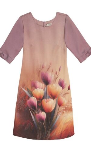 Hạnh Đầm suông cổ tròn in họa tiết hoa tulip, tay ngắn cách điệu 1623/5.329