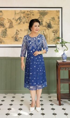 Đầm suông cổ tròn tay lỡ chất liệu Ren lót thun cotton 1623/5.498
