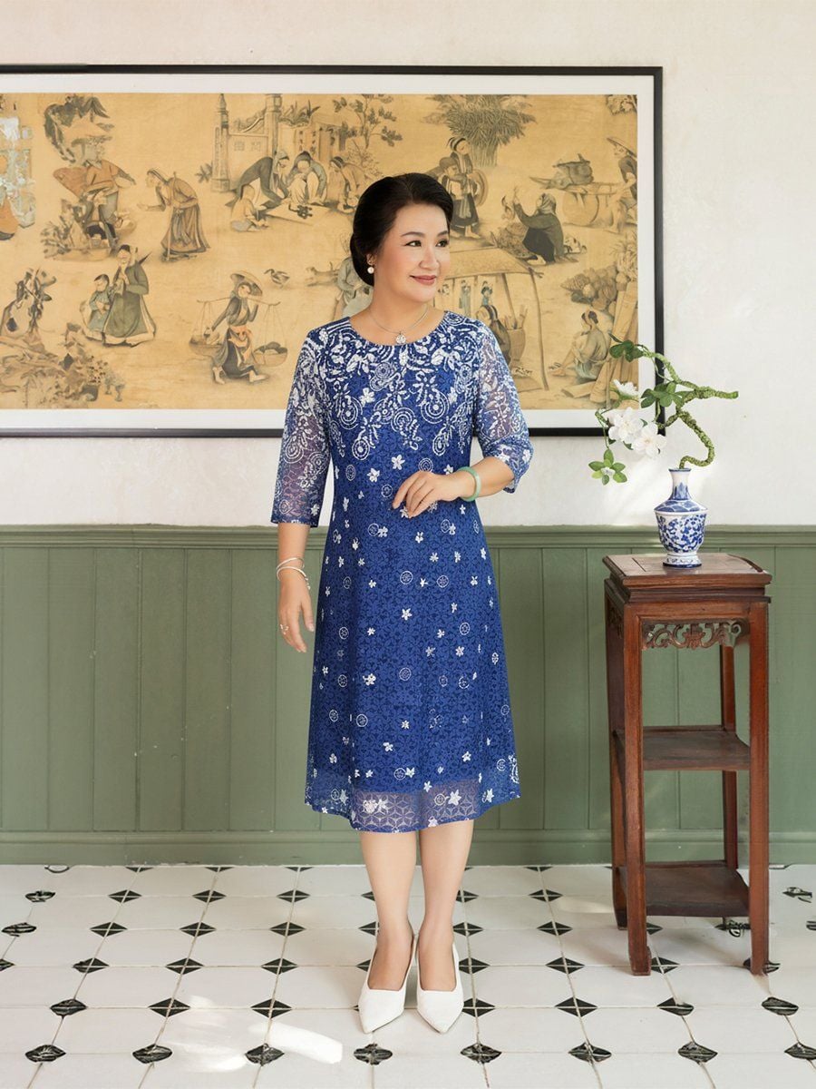Đầm suông cổ tròn tay lỡ chất liệu Ren lót thun cotton 1623/5.498 - Ảnh 2