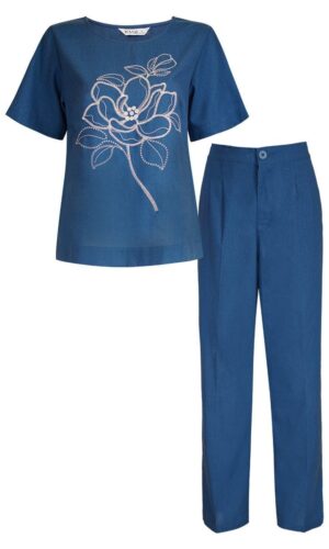 Alternative view of Bộ quần dài cổ tròn tay ngắn chất liệu linen thêu họa tiết 3413/5.455