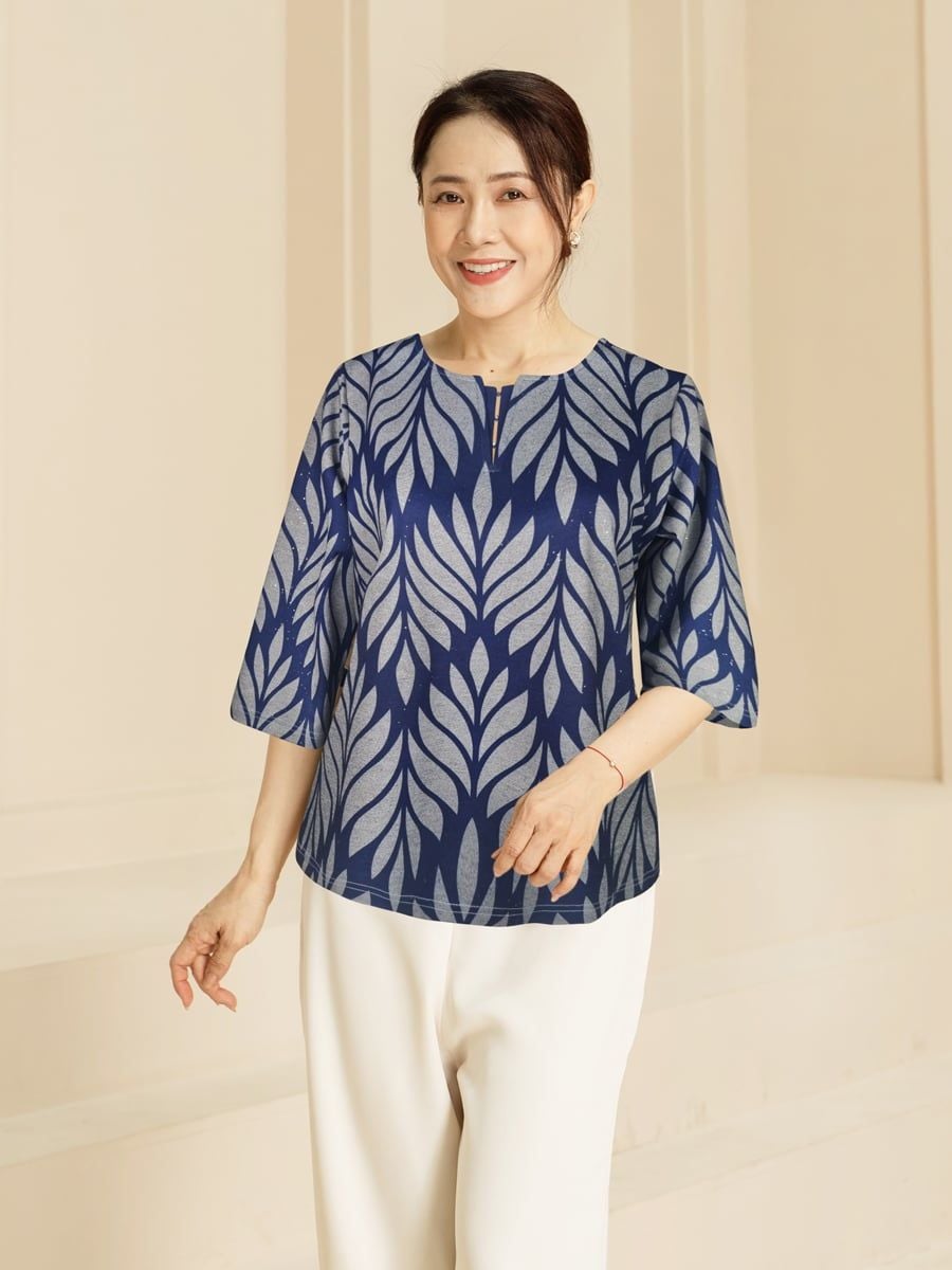 Áo kiểu cổ tròn đính hạt, tay lửng chất liệu thun cotton 3455/4.73