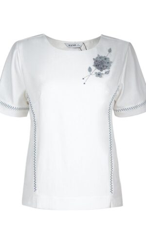Áo kiểu cổ tròn tay ngắn kết hoa chất liệu Linen 4403/5.175